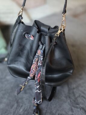 Anne Klein Black Leather Drawstring Bucket Bag with Patterned Scarf